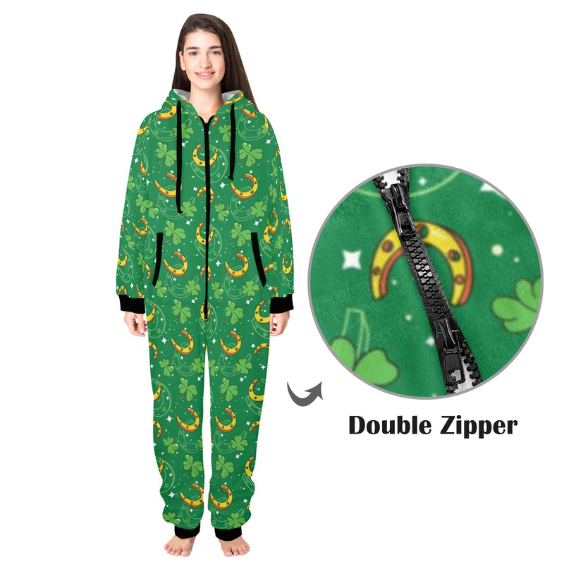 Shamrock With Horse Shoes Print Design LKS305 Hooded Fleece Onesie Pajama Jumpsuit