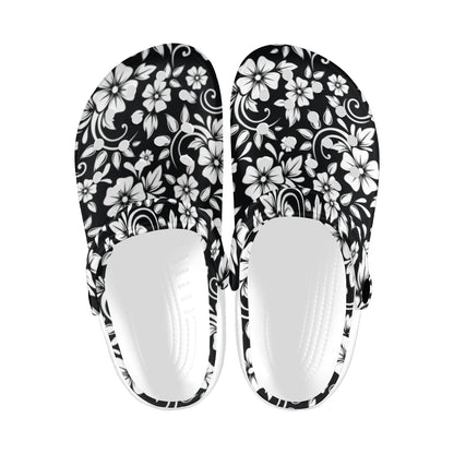 Floral Black White Themed Print Unisex Clogs Shoes