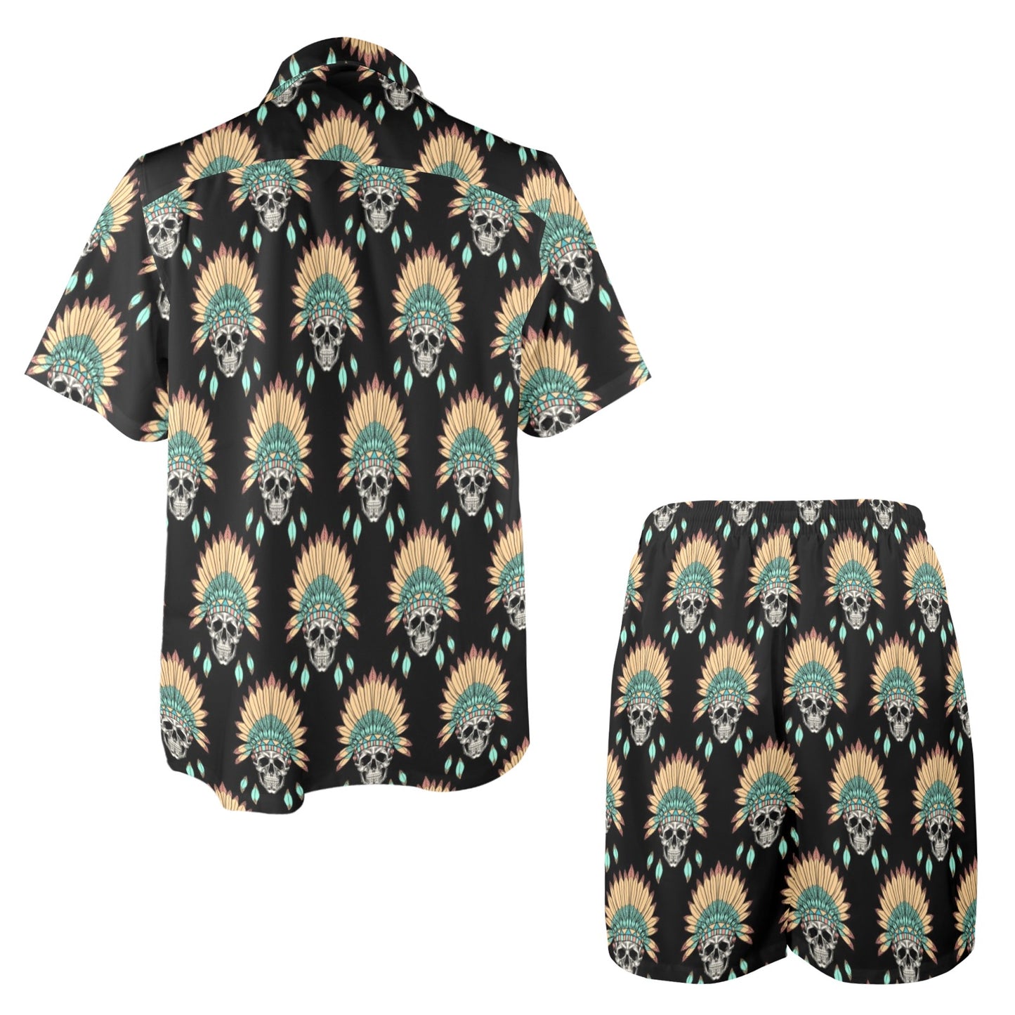 American indian Skull Pattern Men's Beach Shirt and Shorts Set
