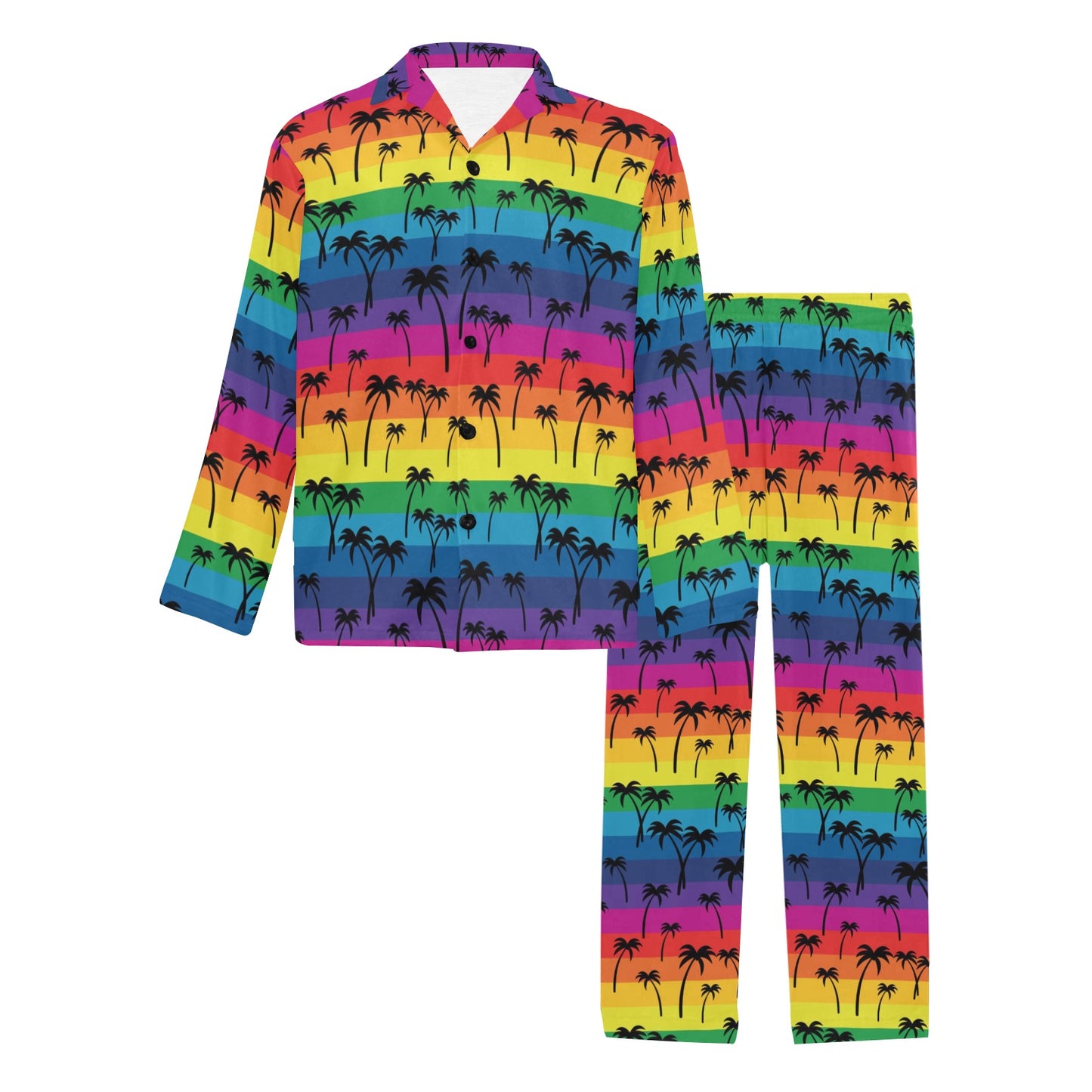 Palm Tree Rainbow Themed Print Men's Long Pajama Set
