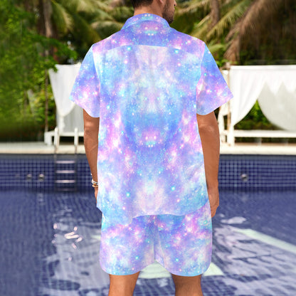 Galaxy Stardust Pastel Color Print Men's Beach Shirt and Shorts Set