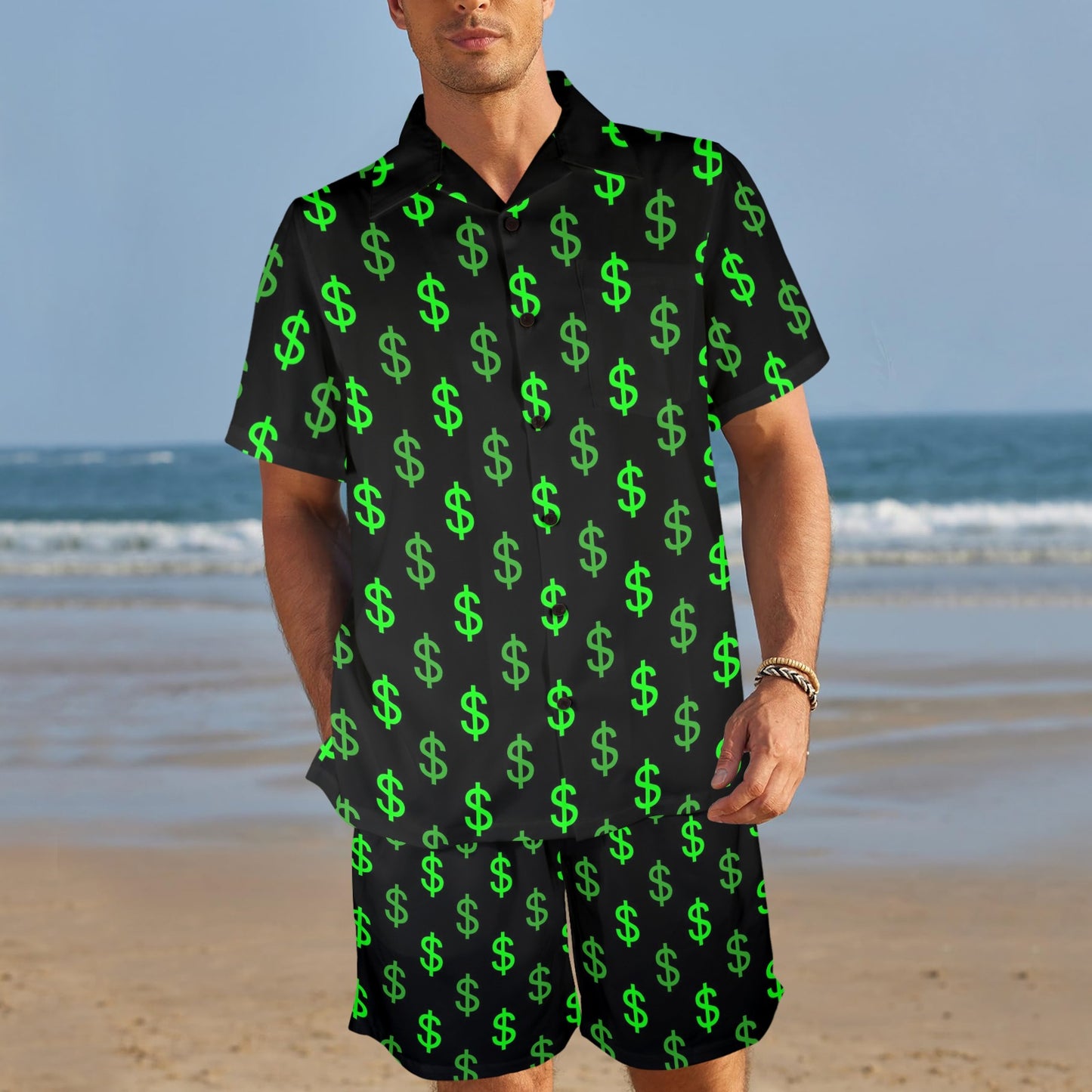 Dollar symbol Design Print Pattern JJ0121 Men's Beach Shirt and Shorts Set