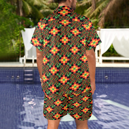 Kente Pattern Print Design 01 Men's Beach Shirt and Shorts Set