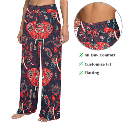 Red Indian Elephant Pattern Women's Wide Leg Lounge Pants