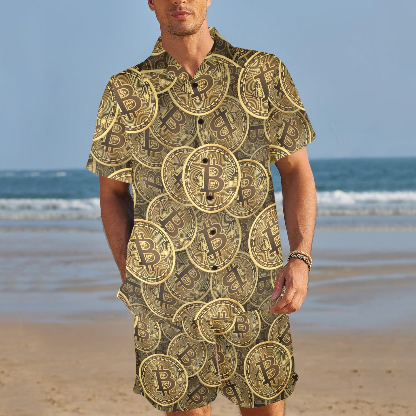 Bitcoin Pattern Print Design DO01 Men's Beach Shirt and Shorts Set