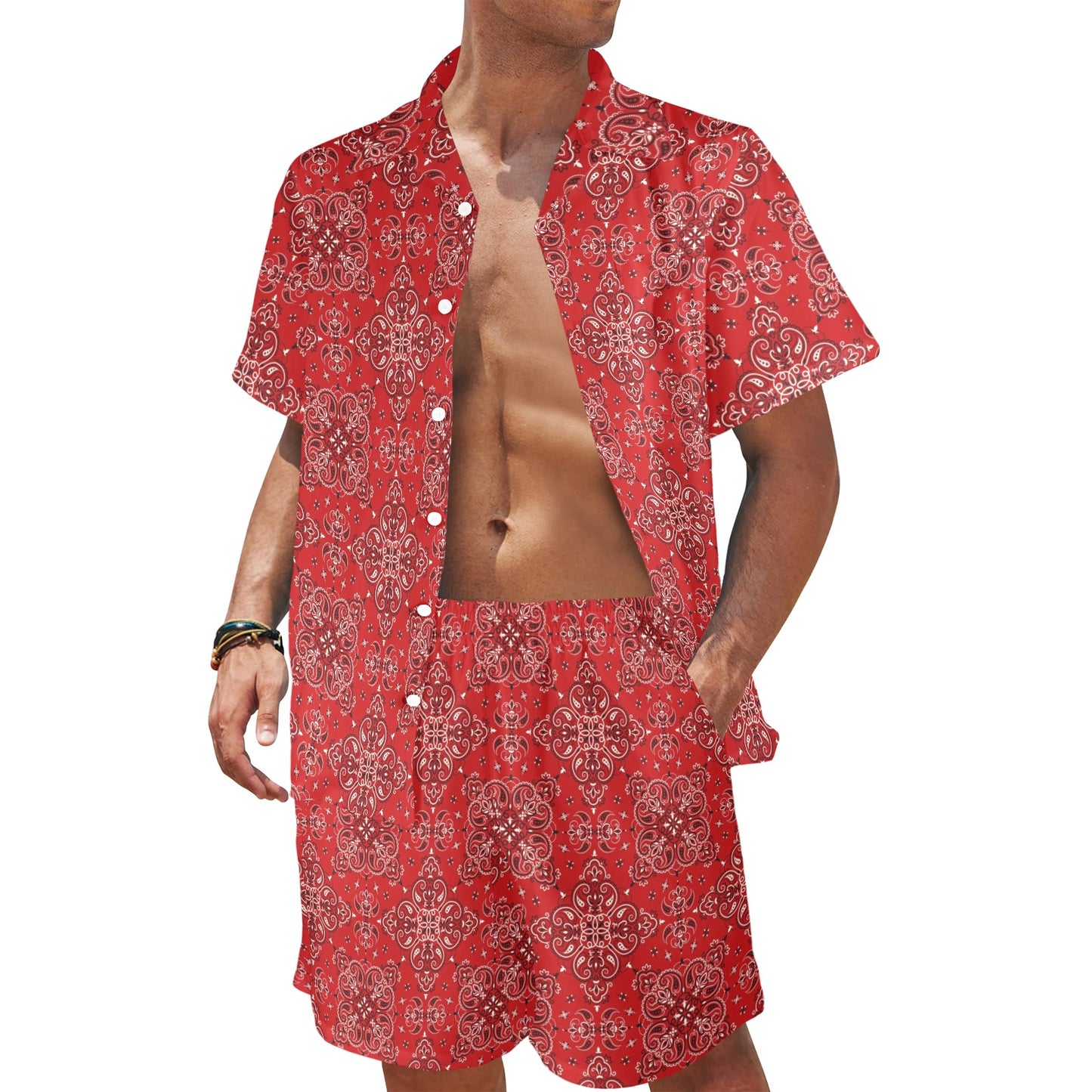 Bandana Red Pattern Print Design LKS3010 Men's Beach Shirt and Shorts Set