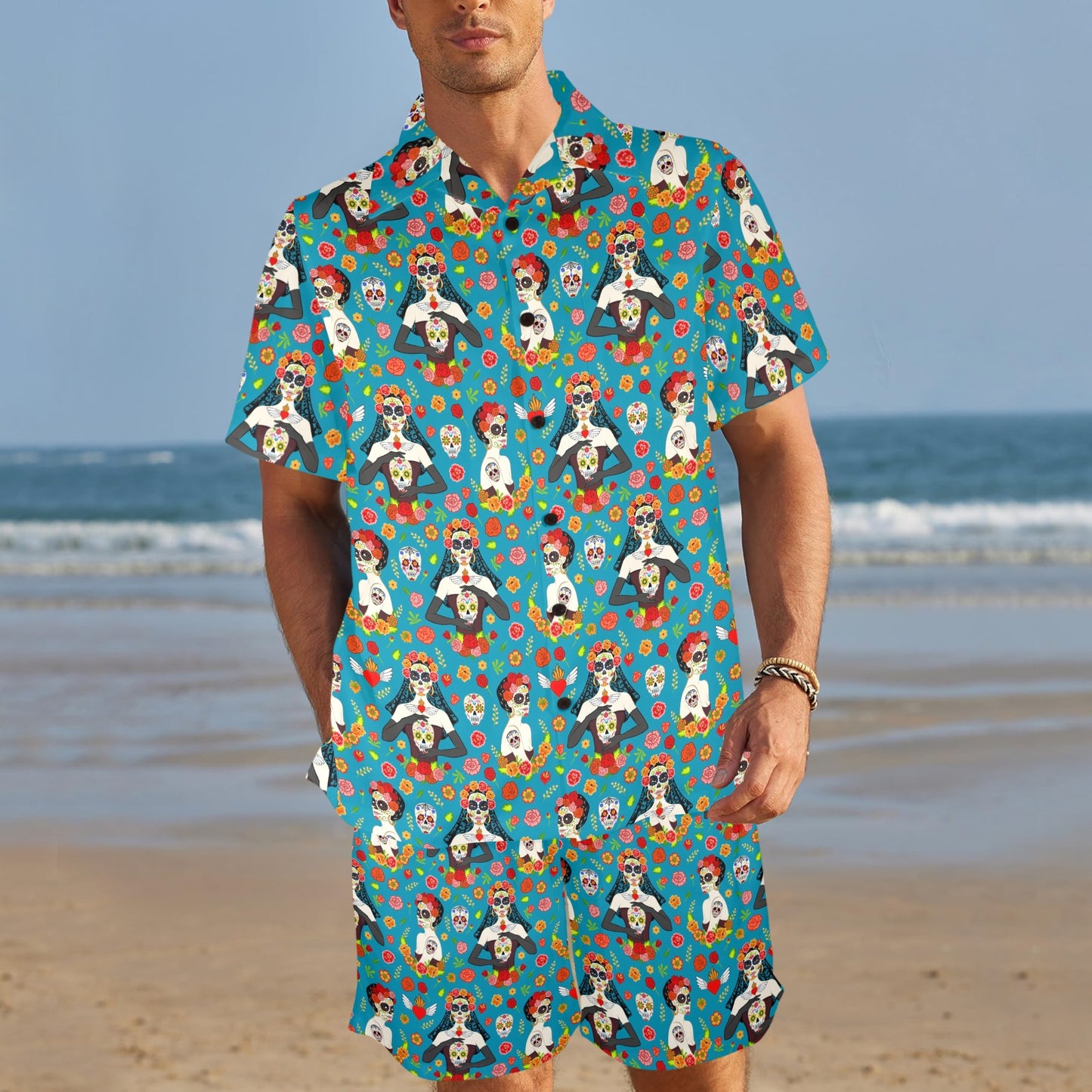 Day of the Dead Old School Girl Design Men's Beach Shirt and Shorts Set