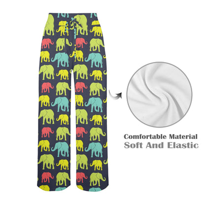 Elephant Neon Color Print Pattern Women's Wide Leg Lounge Pants