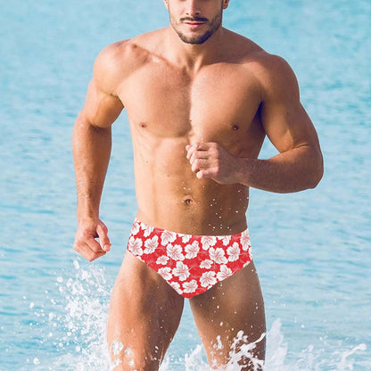 Flower Hawaiian Hibiscus Red Background Print Men's Swimming Briefs