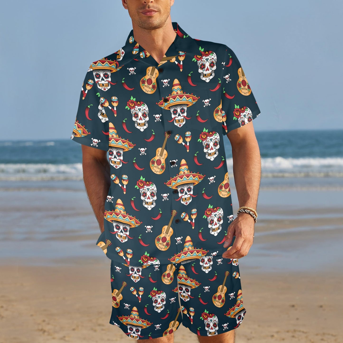 sugar skull Mexican Men's Beach Shirt and Shorts Set