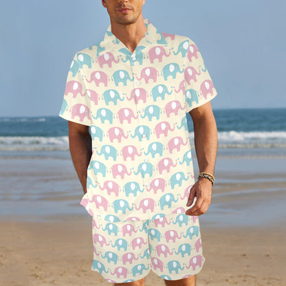 Elephant Baby Pastel Print Pattern Men's Beach Shirt and Shorts Set
