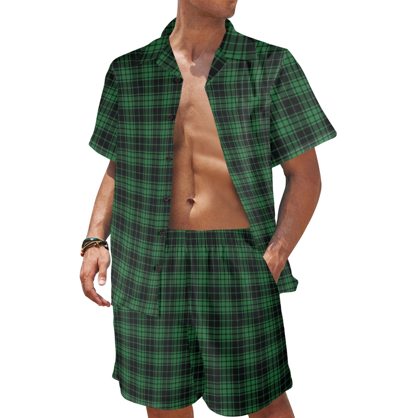 Green Tartan Plaid Pattern Men's Beach Shirt and Shorts Set