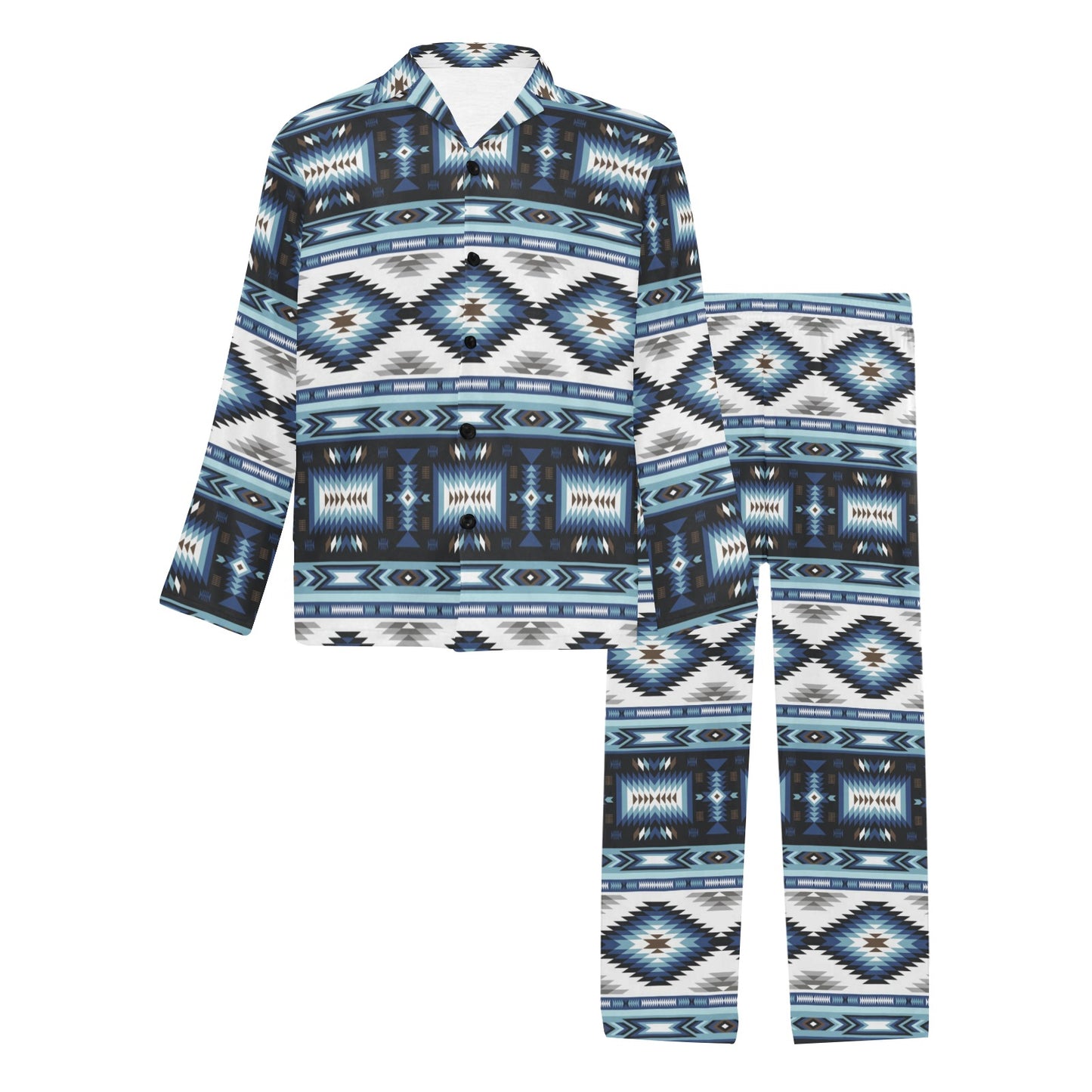 Navajo Dark Blue Print Pattern Men's Long Pajama Set