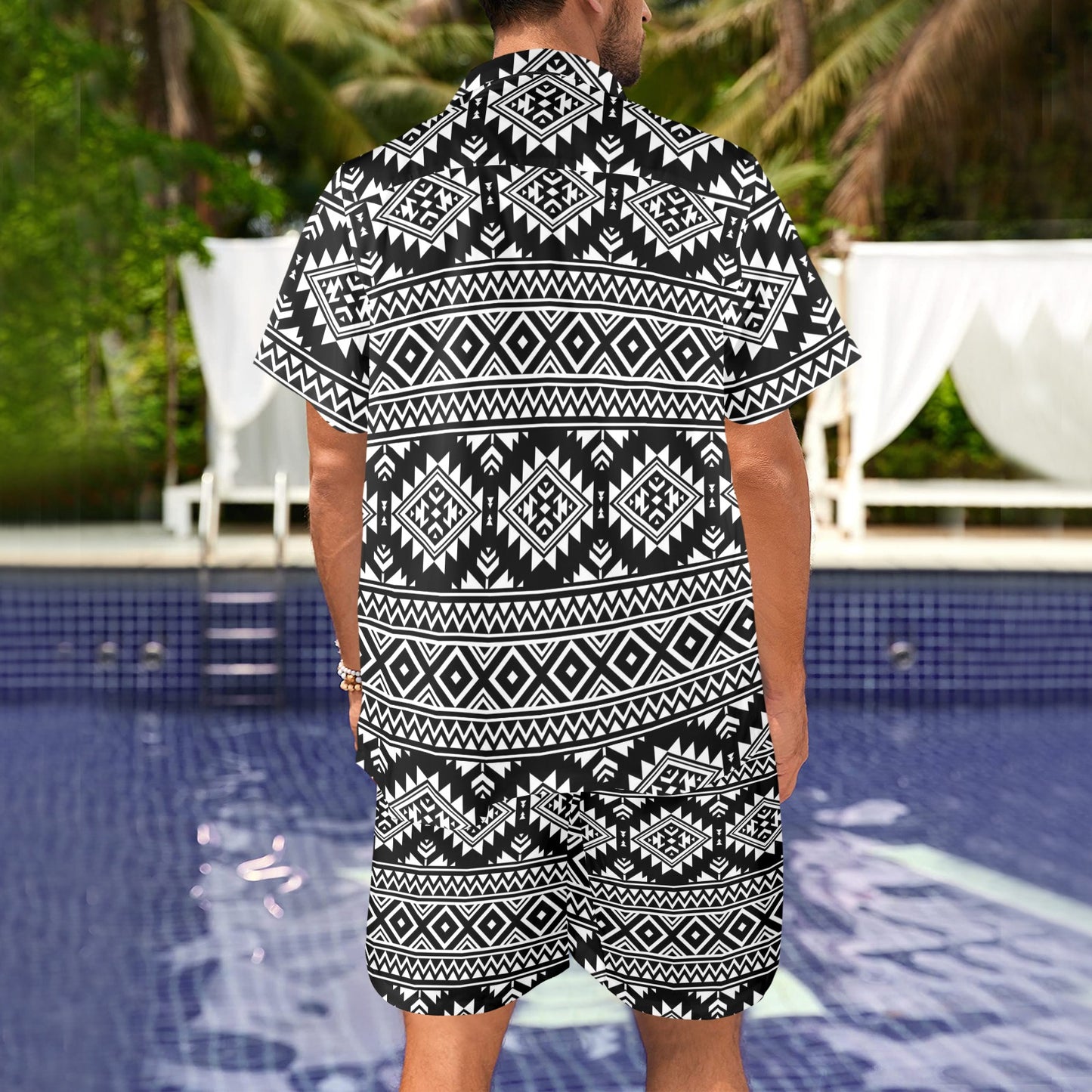 Aztec Black White Print Pattern Men's Beach Shirt and Shorts Set