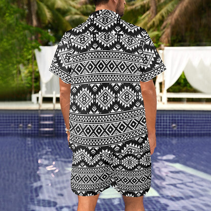 Aztec Black White Print Pattern Men's Beach Shirt and Shorts Set