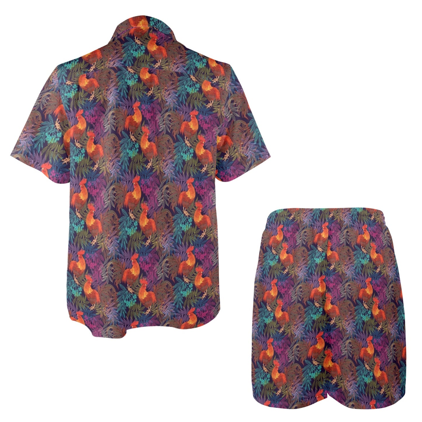Rooster Print Style Men's Beach Shirt and Shorts Set