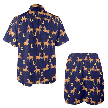Horse Luxury Themed Pattern Print Men's Beach Shirt and Shorts Set