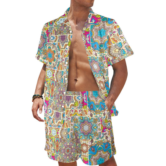 Patchwork Print Design LKS402 Men's Beach Shirt and Shorts Set