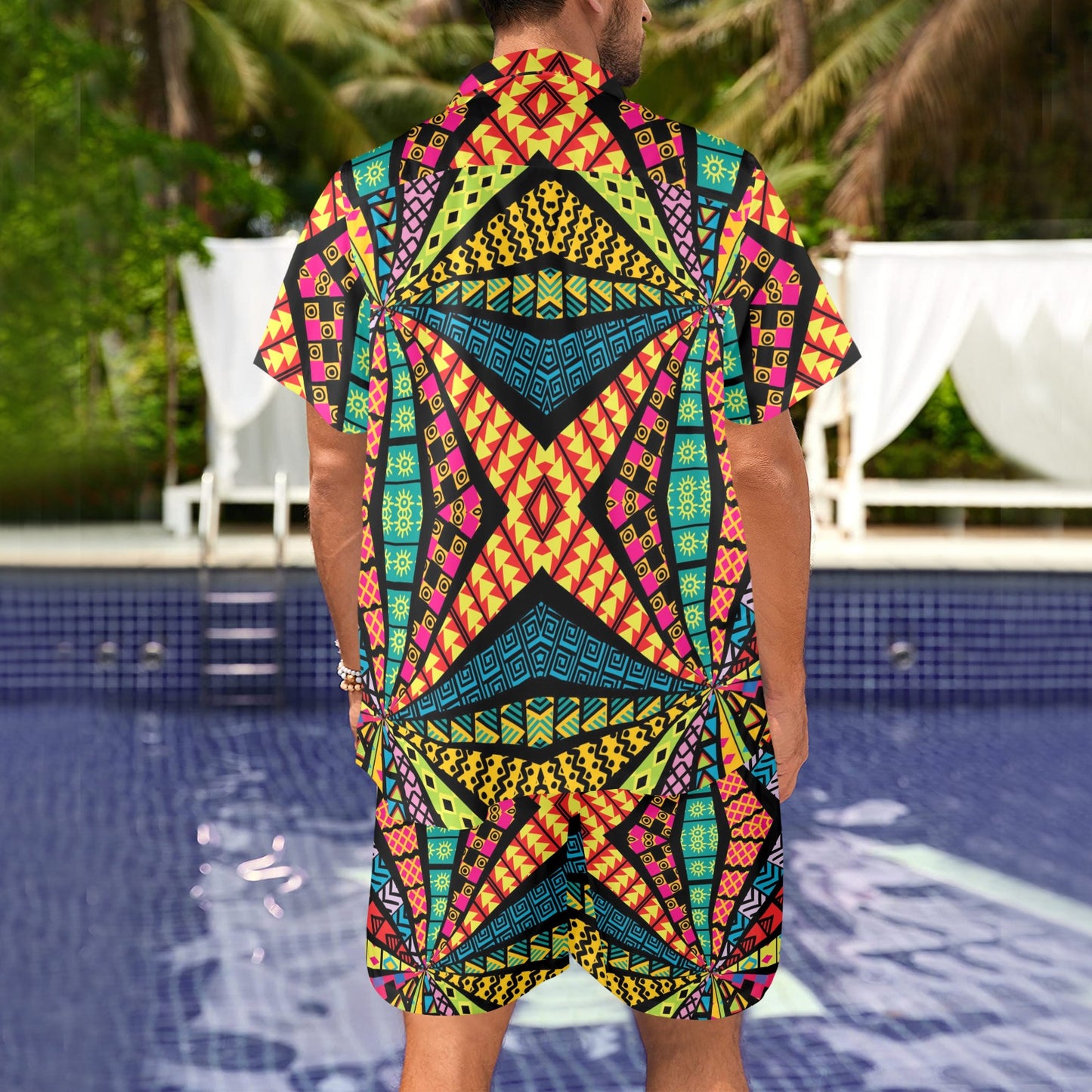 Kaleidoscope Pattern Print Design 05 Men's Beach Shirt and Shorts Set