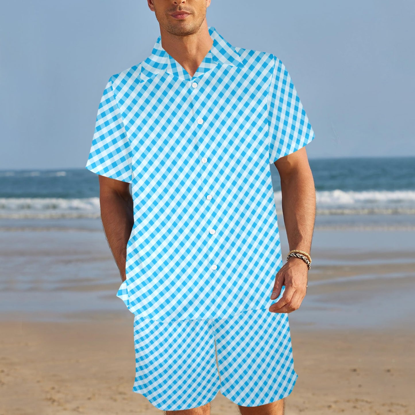Gingham Print Design LKS401 Men's Beach Shirt and Shorts Set