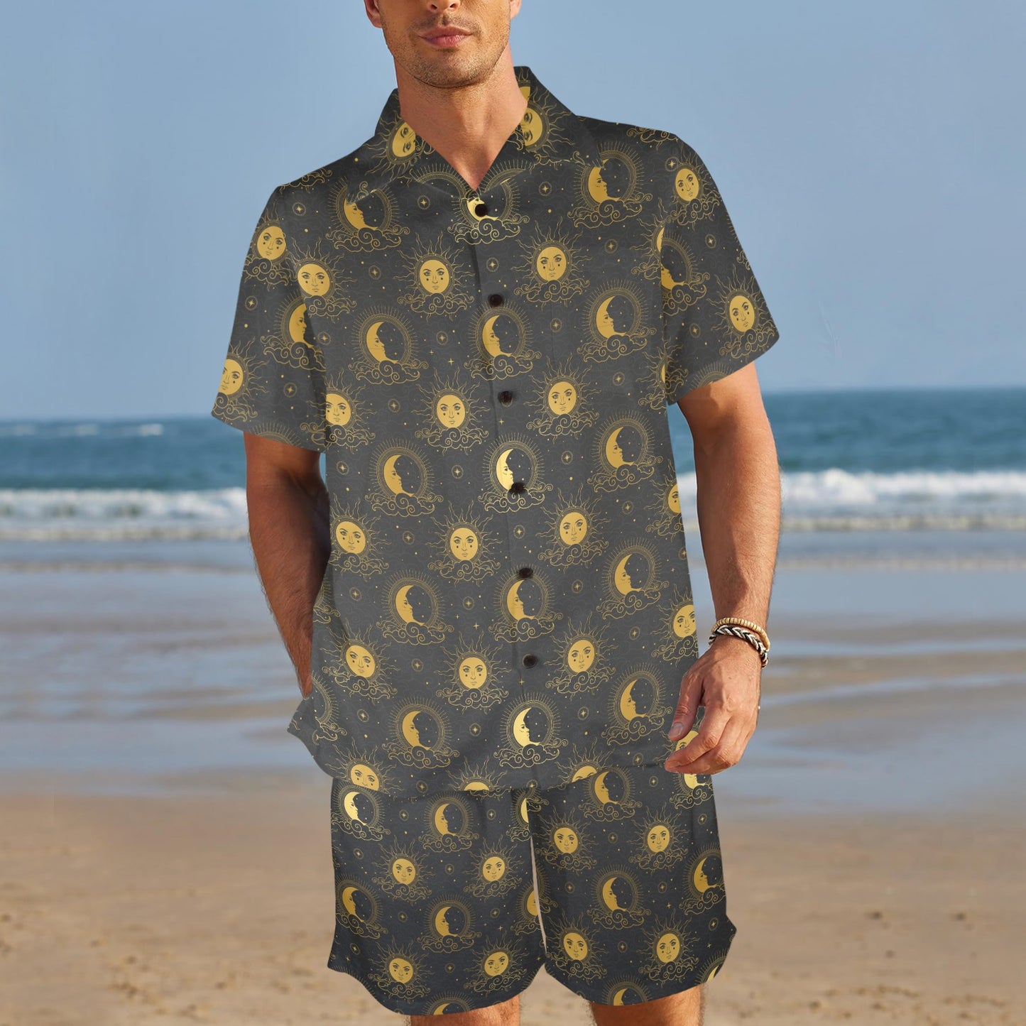Celestial Moon Sun Pattern Print Design 05 Men's Beach Shirt and Shorts Set