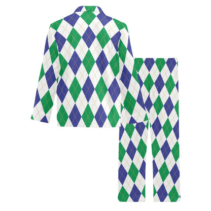 Argyle Green Blue Pattern Print Design 03 Men's Long Pajama Set