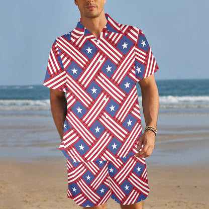 American flag Pattern Men's Beach Shirt and Shorts Set