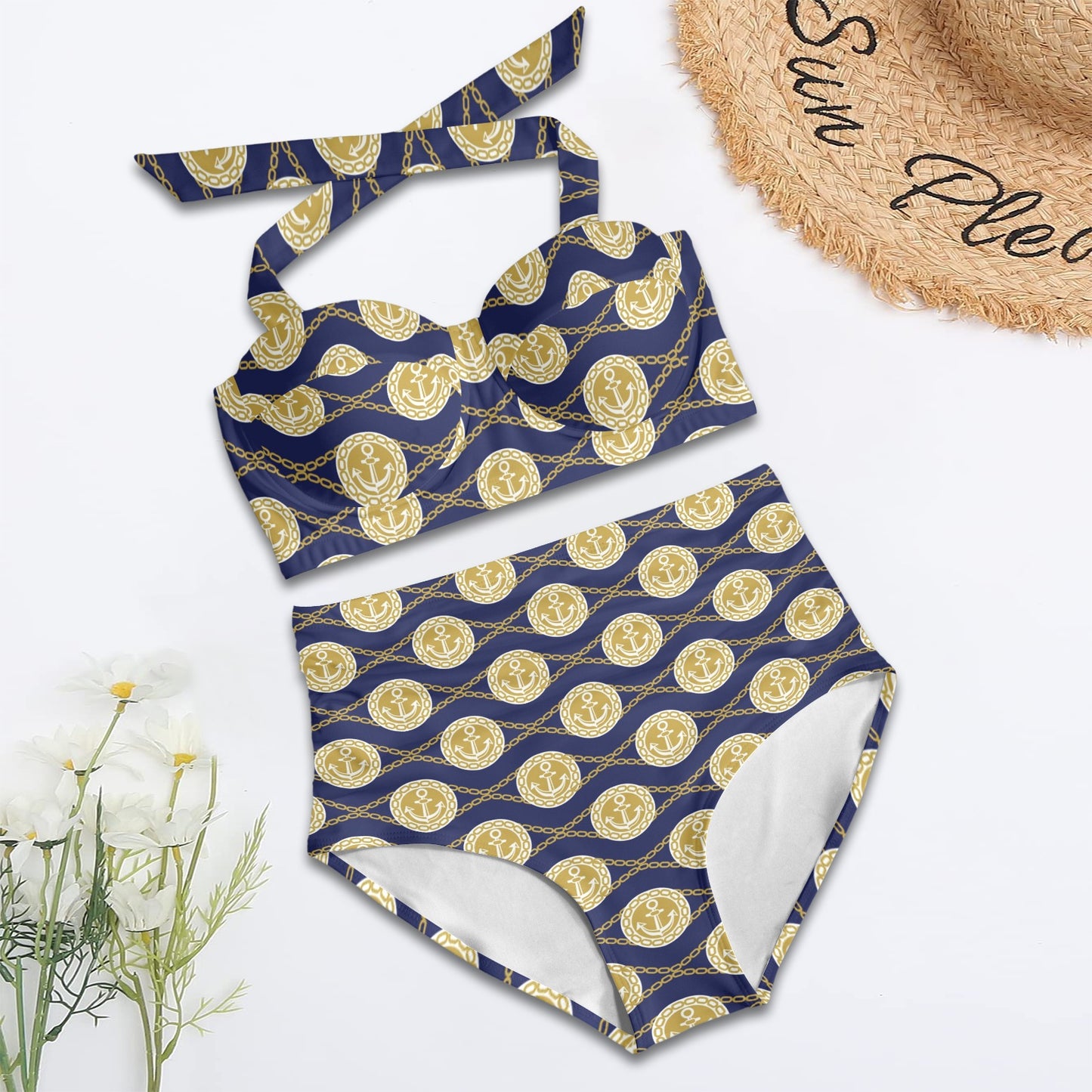 Anchor Luxury Pattern Halter Neck Bikini Swimsuit