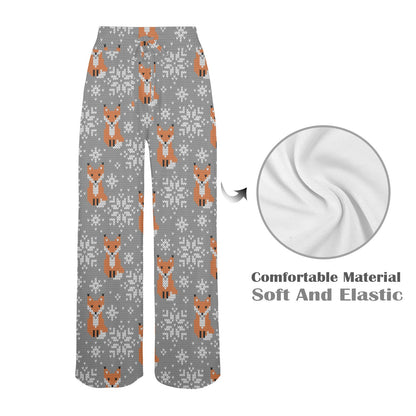 Knit Red Fox Pattern Print Design 02 Women's Wide Leg Lounge Pants