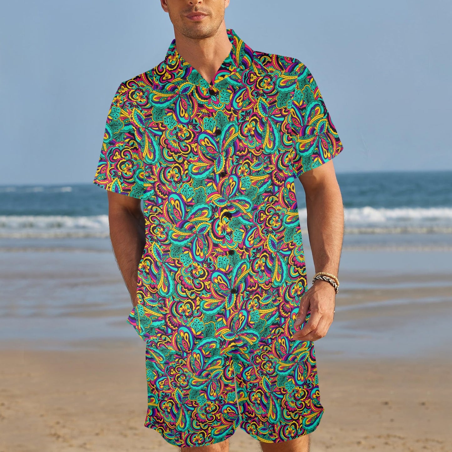 Psychedelic Trippy Floral Design Men's Beach Shirt and Shorts Set