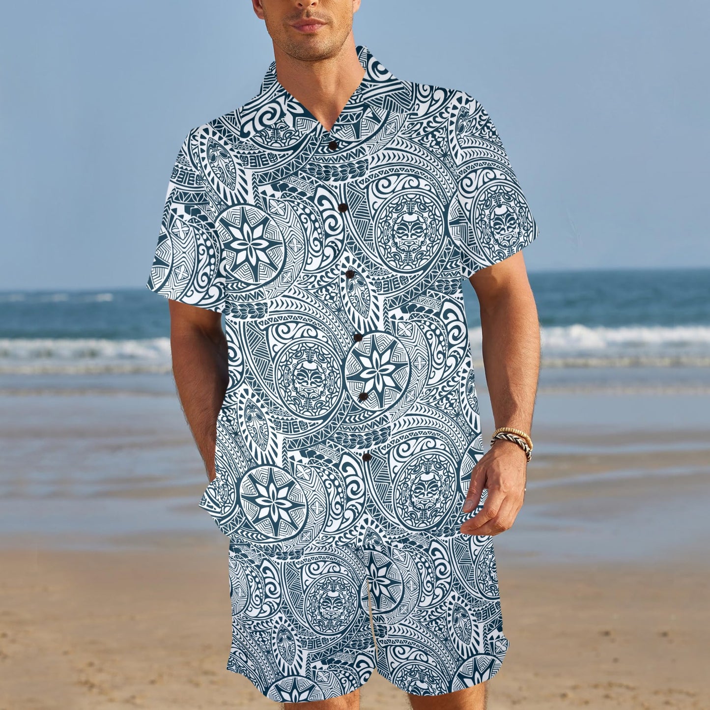 Samoan Pattern Print Design LKS306 Men's Beach Shirt and Shorts Set