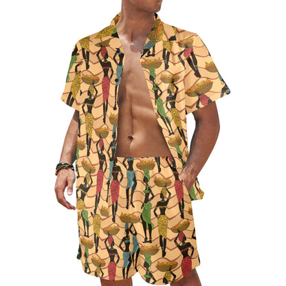 African Girl Pattern Zip Up Hoodie Men's Beach Shirt and Shorts Set