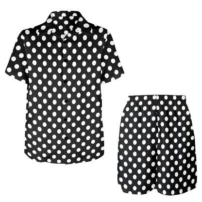 Polka Dot Black White Pattern Print Design 03 Men's Beach Shirt and Shorts Set