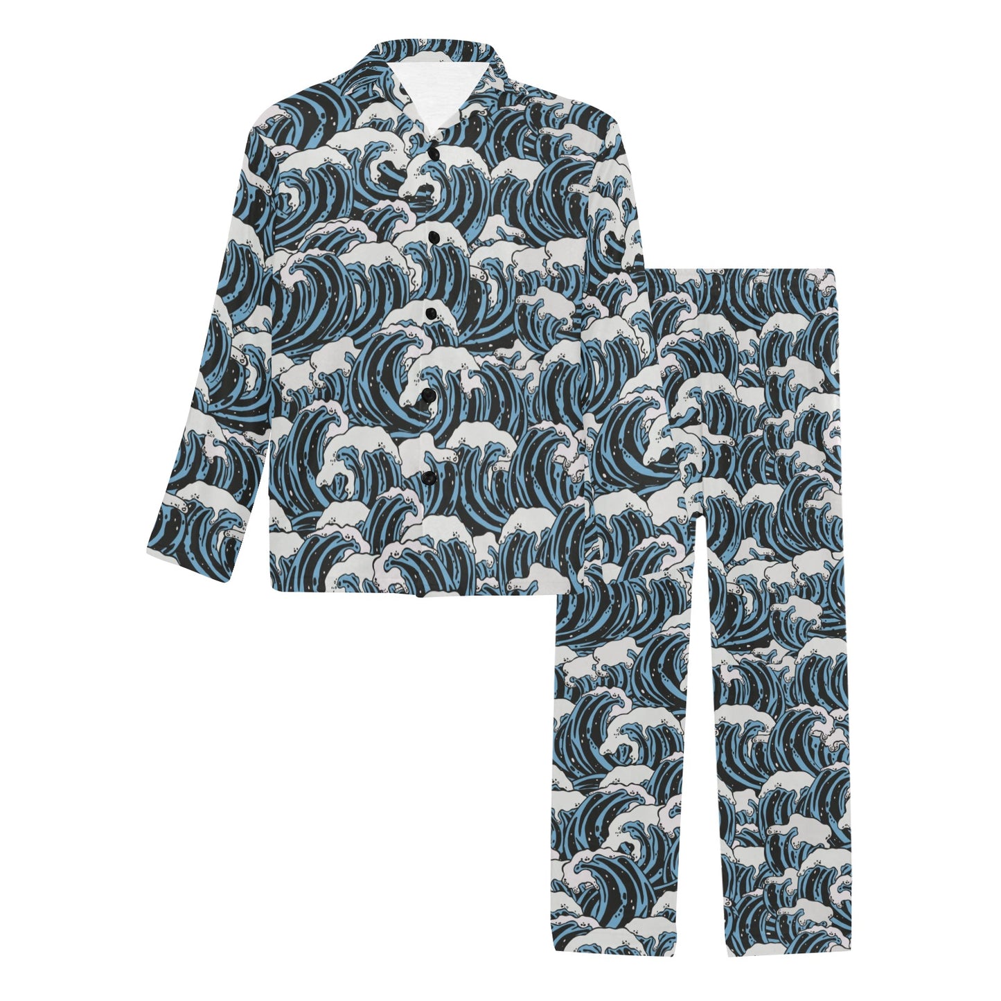 Surf Wave Pattern Print Men's Long Pajama Set