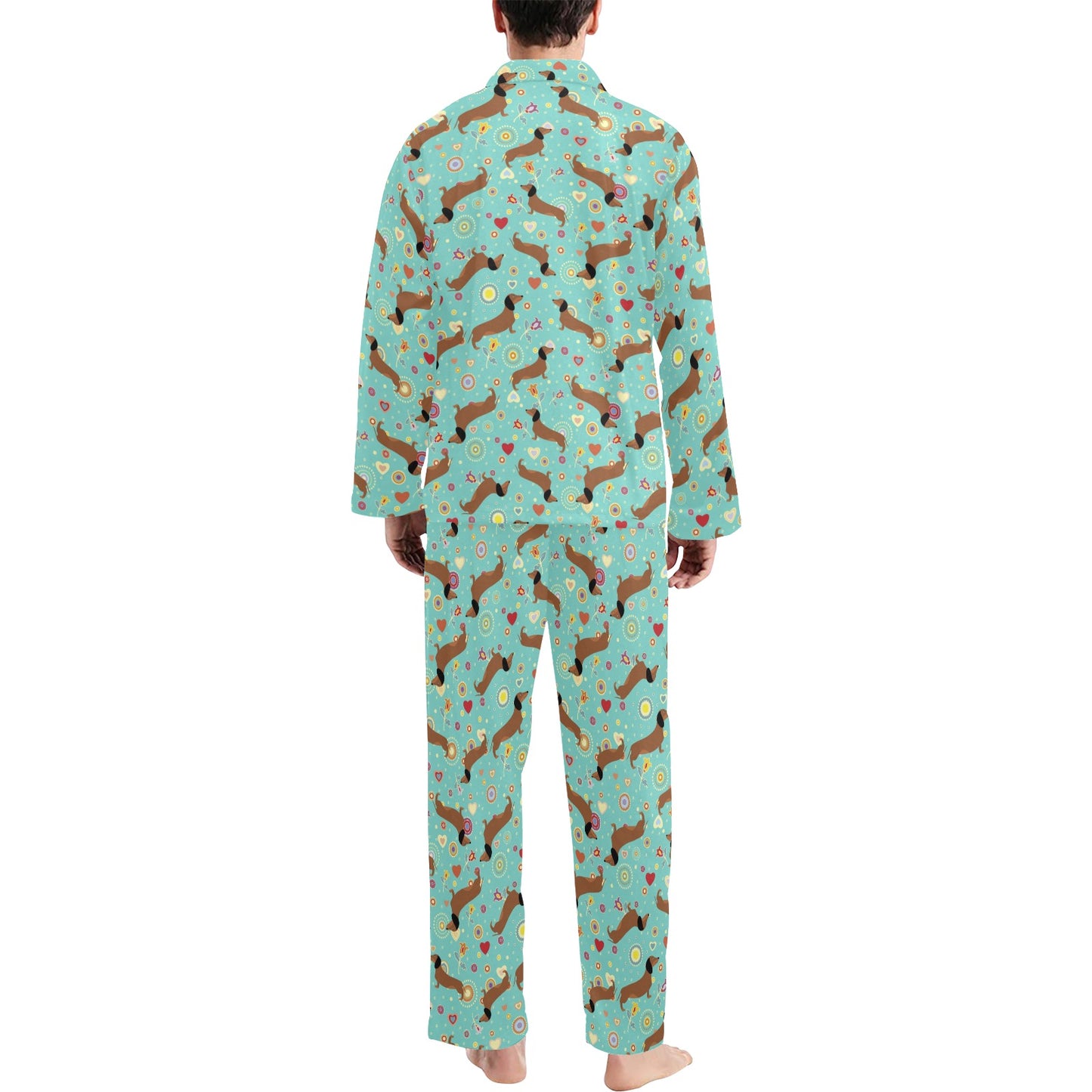 Dachshund with Floral Print Pattern Men's Long Pajama Set