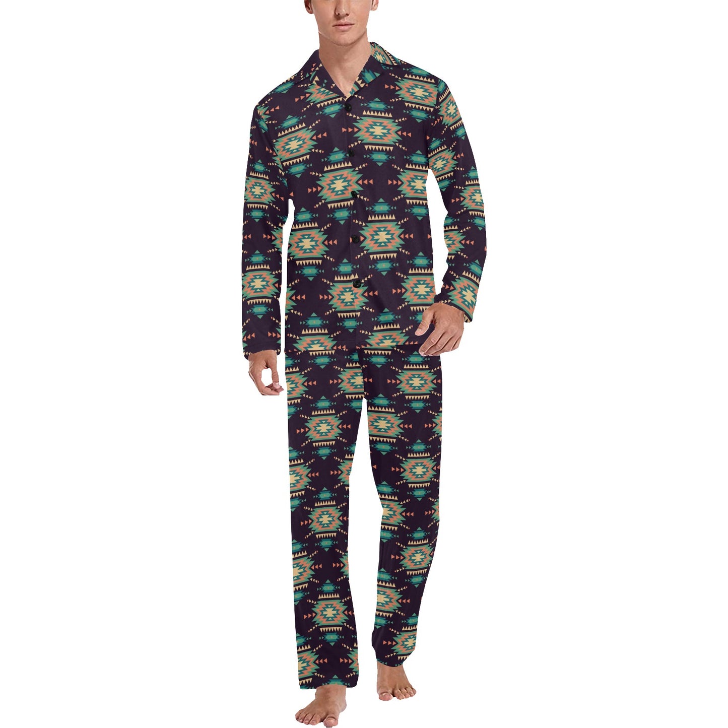 Navajo Geometric Style Print Pattern Men's Long Pajama Set