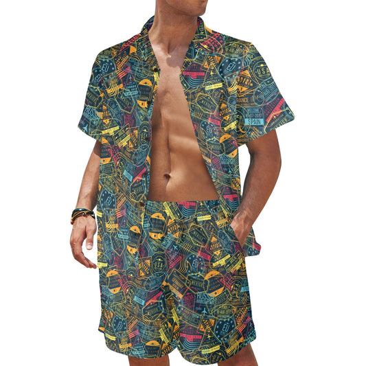 Travel Stamp Print Design LKS301 Men's Beach Shirt and Shorts Set