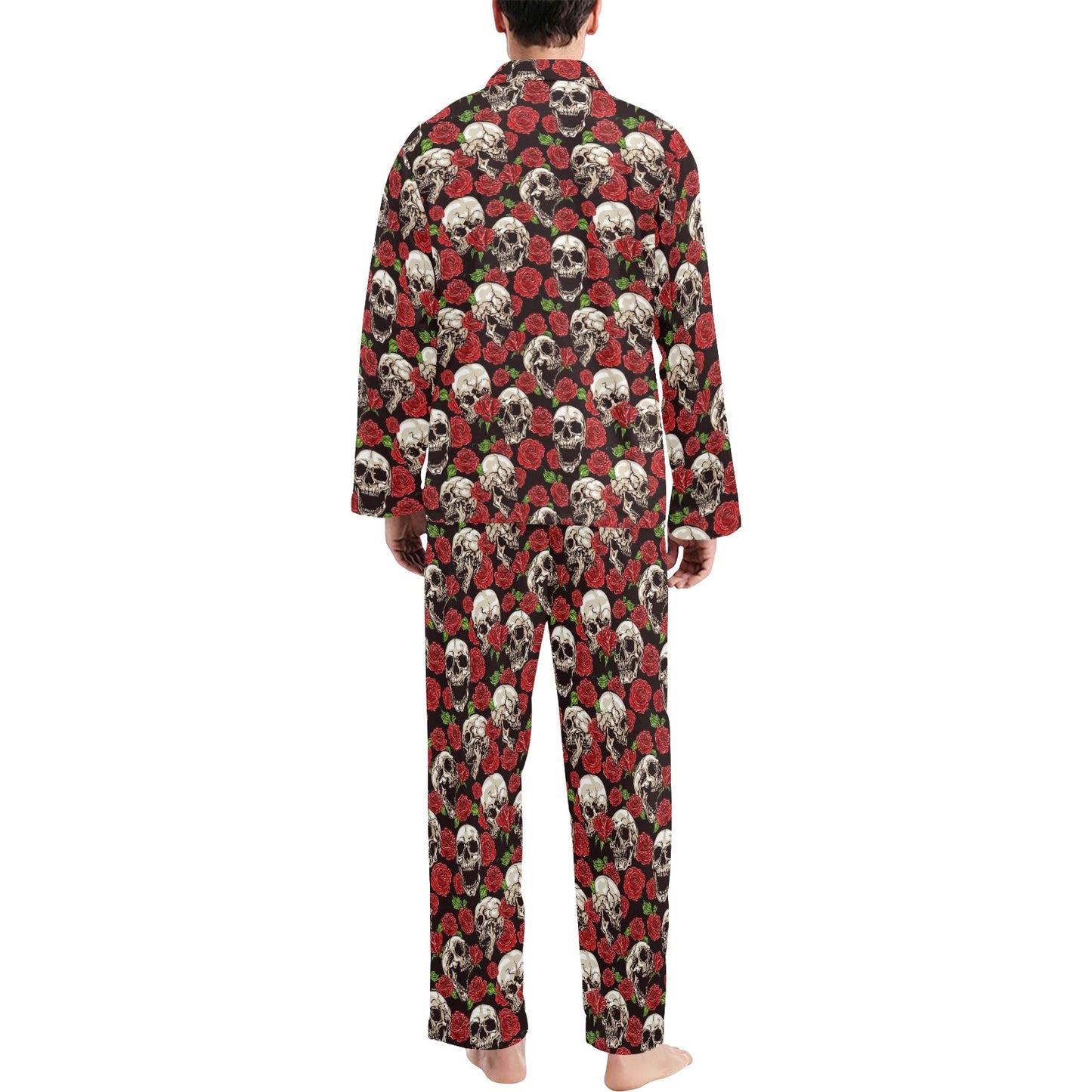 Skull Roses Design Themed Print Men's Long Pajama Set