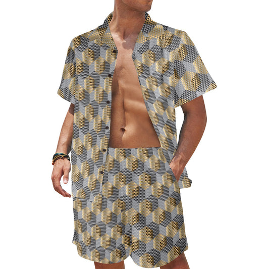 Hexagonal gold black Design Print Pattern JJ0343 Men's Beach Shirt and Shorts Set