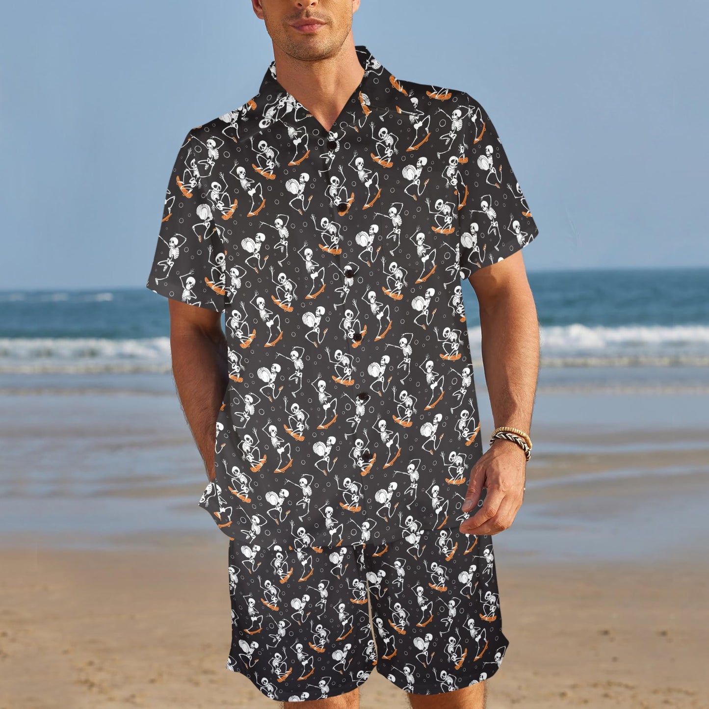 Skateboard With Skeleton Print Design LKS303 Men's Beach Shirt and Shorts Set