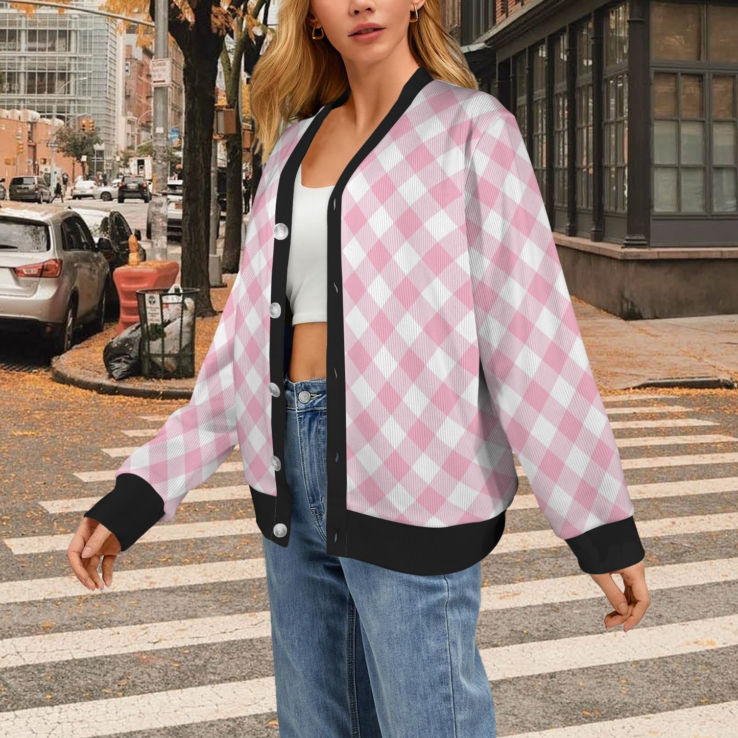 Gingham Pink Pattern Print Design 02 Women's Cardigan