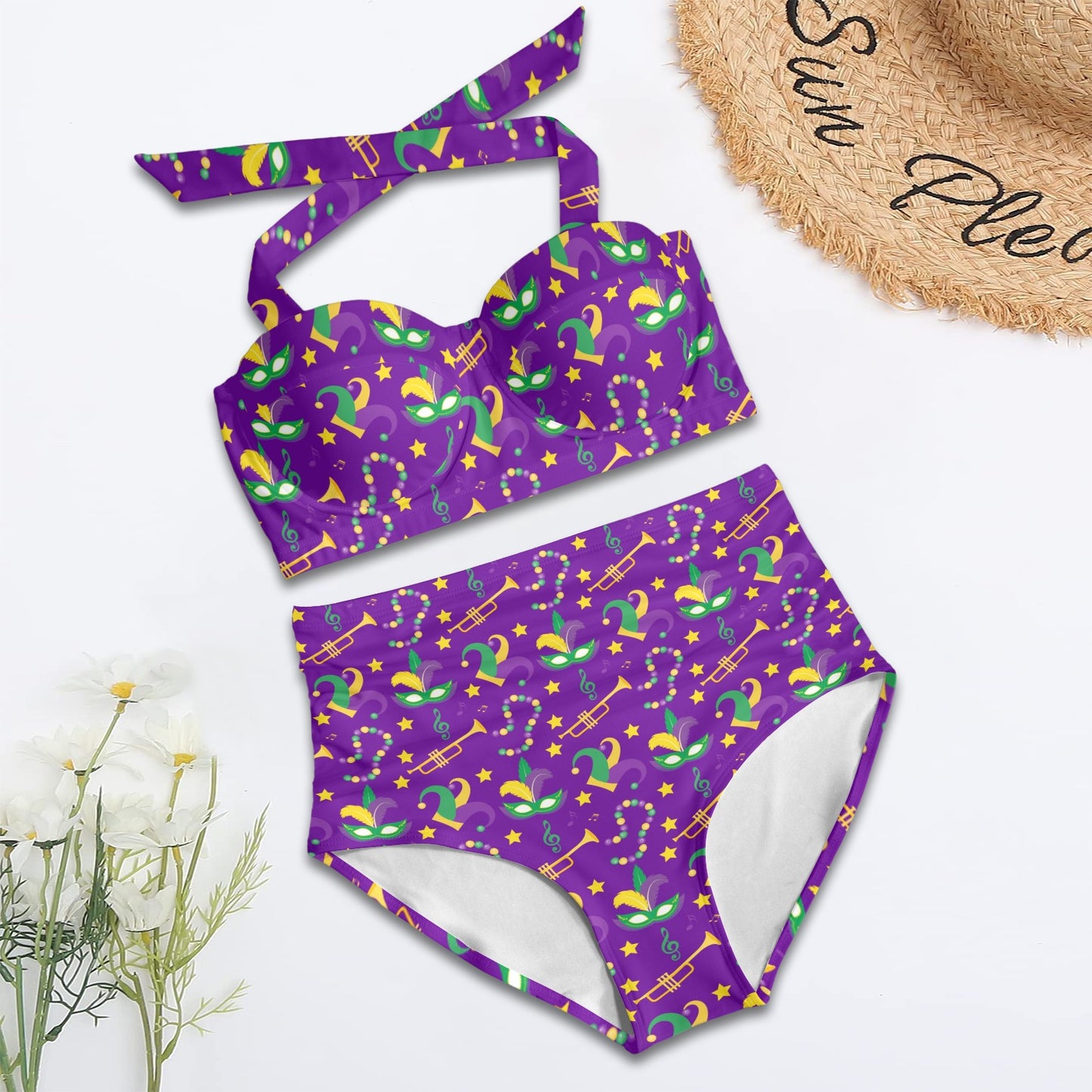 Mardi Gras Pattern Print Design 06 Halter Neck Bikini Swimsuit