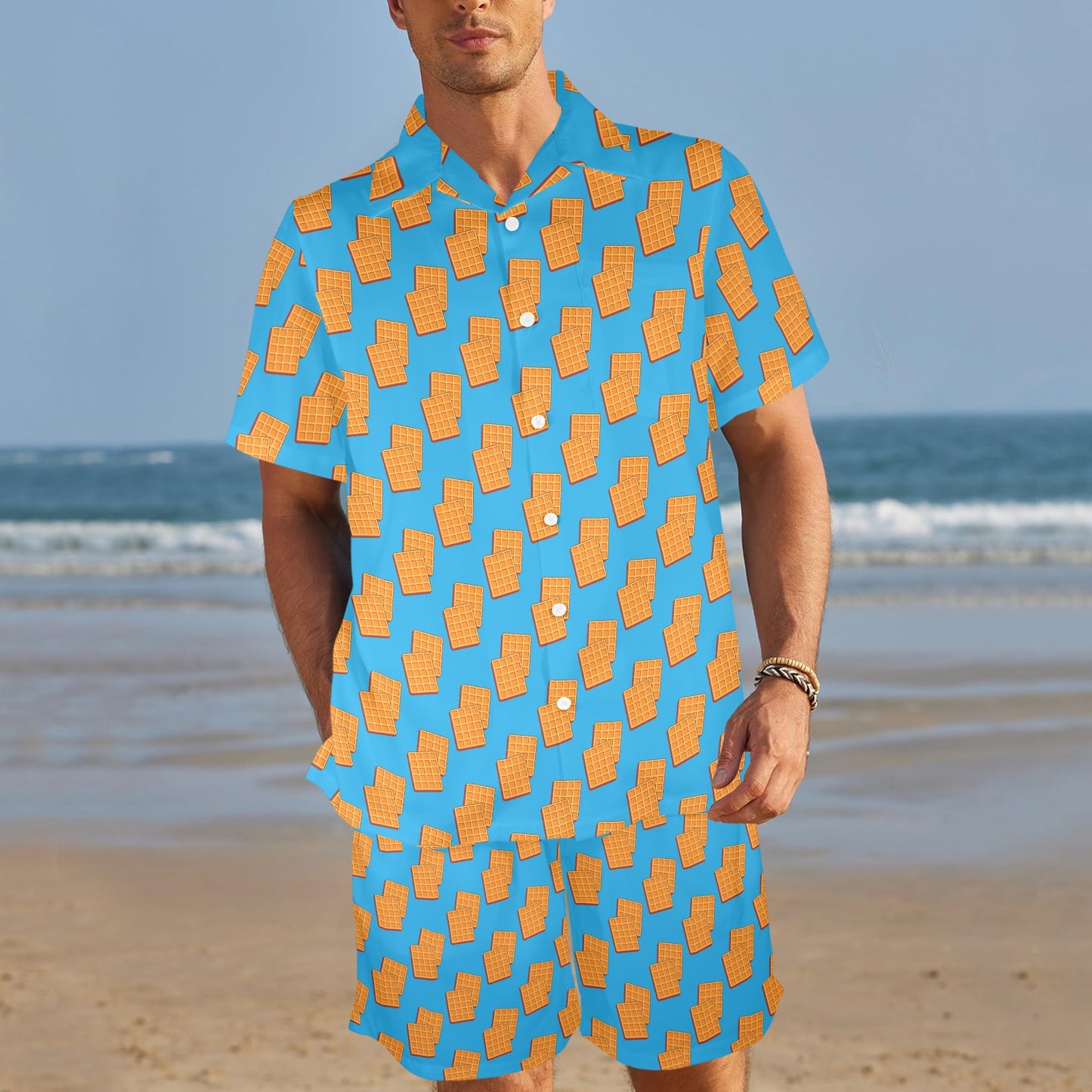 Waffle Print Design LKS304 Men's Beach Shirt and Shorts Set