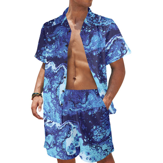 Ocean Liquid Pattern Print Design A03 Men's Beach Shirt and Shorts Set