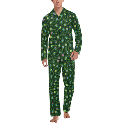 Peacock Feather Green Design Print Men's Long Pajama Set