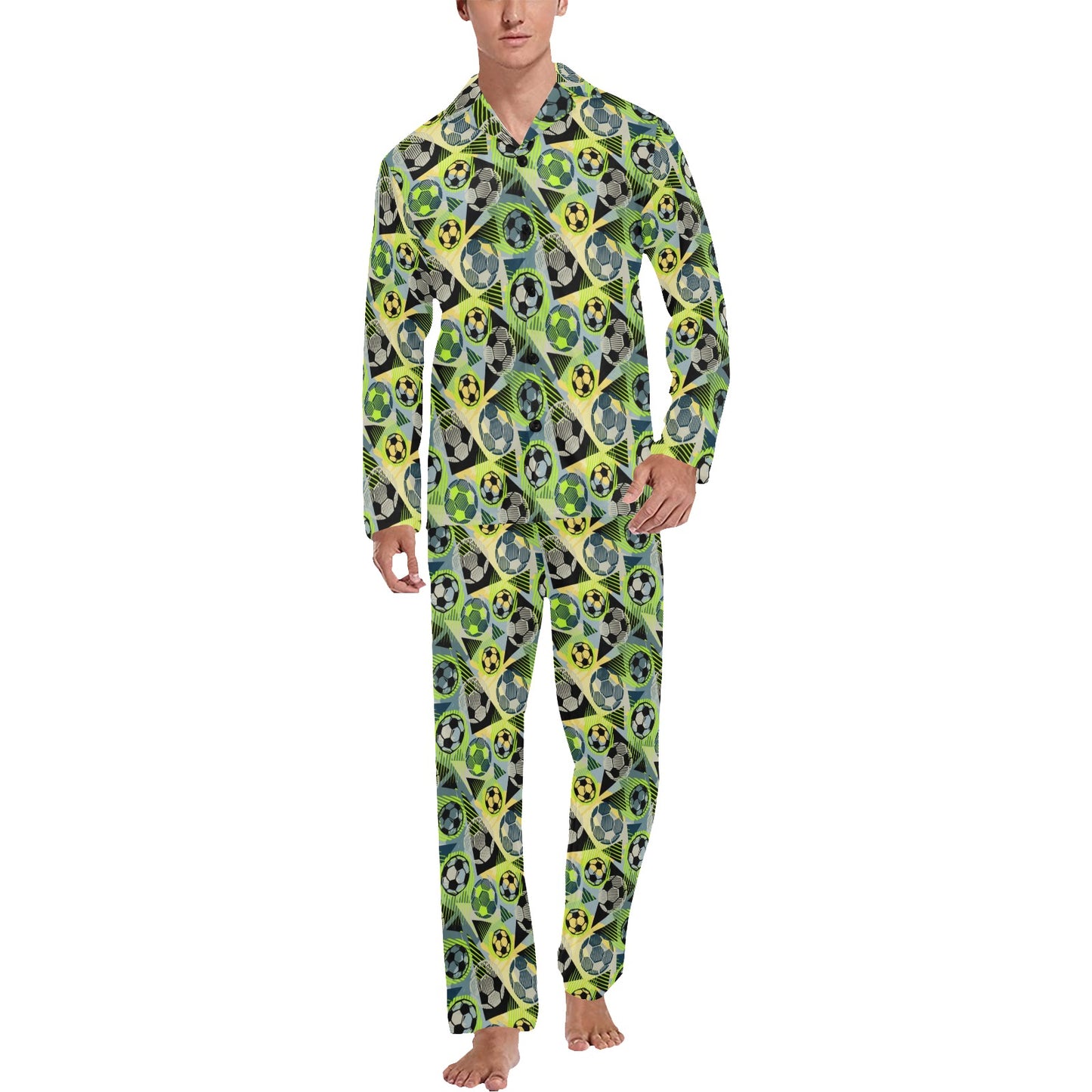 Soccer Ball Themed Print Pattern Men's Long Pajama Set