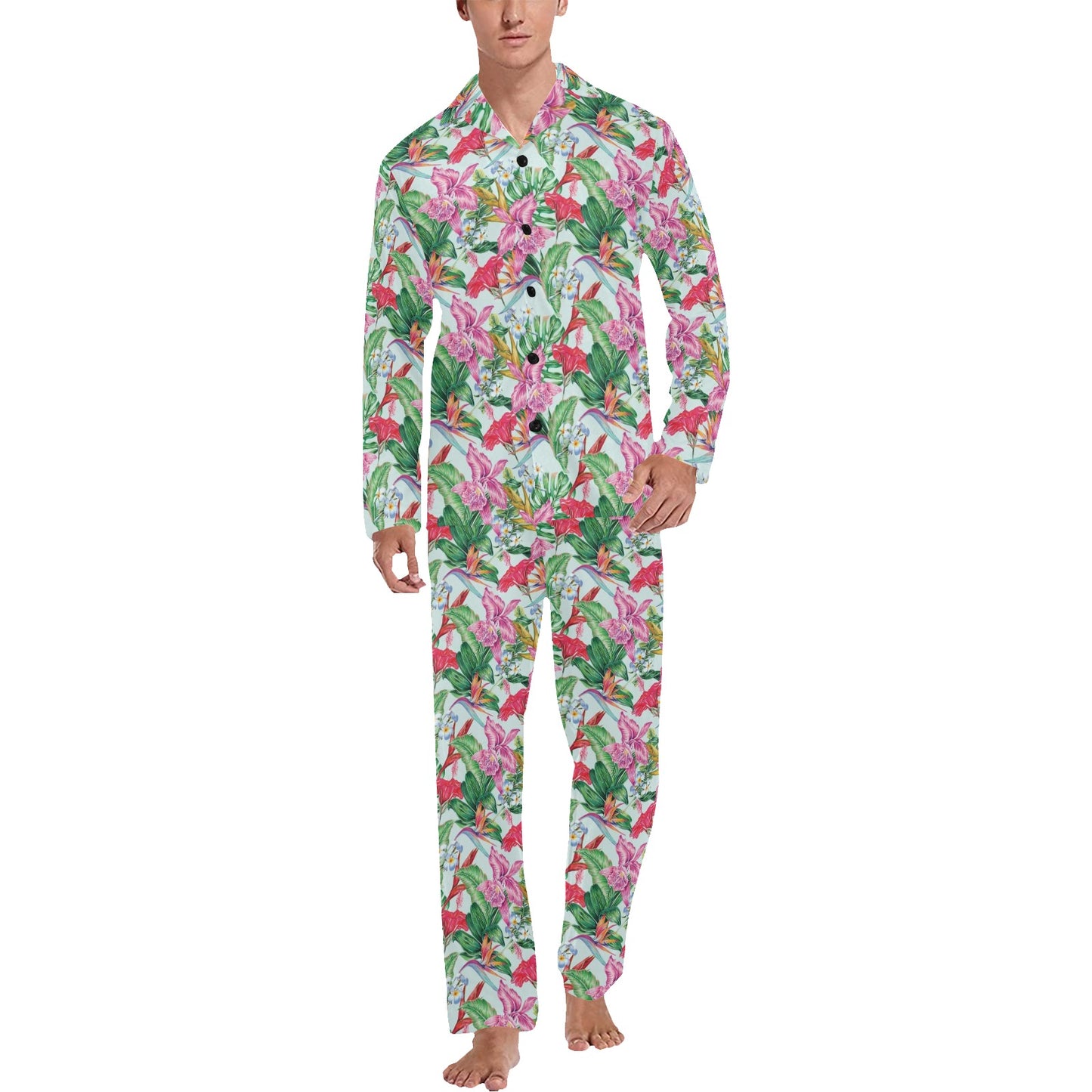 Tropical Flower Print Design LKS304 Men's Long Pajama Set