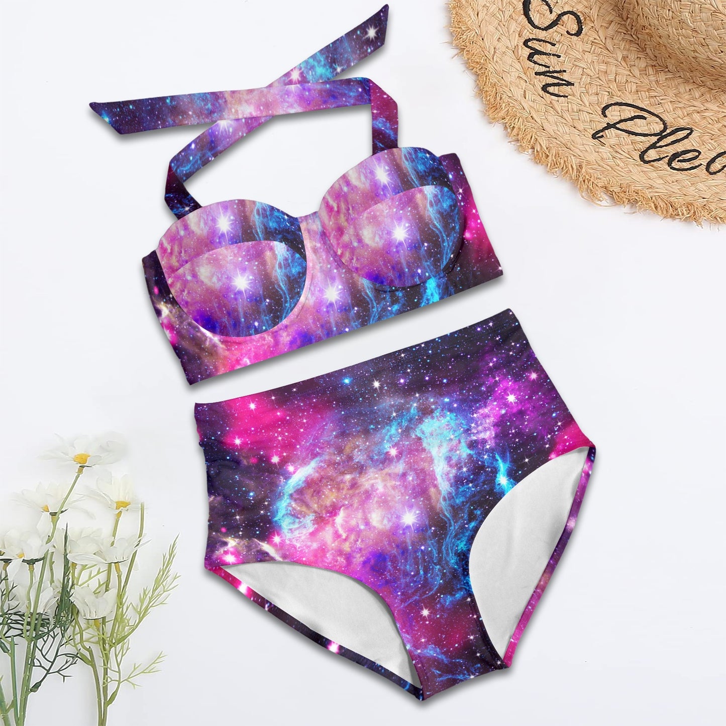 Galaxy Night Purple Space Print Halter Neck Bikini Swimsuit