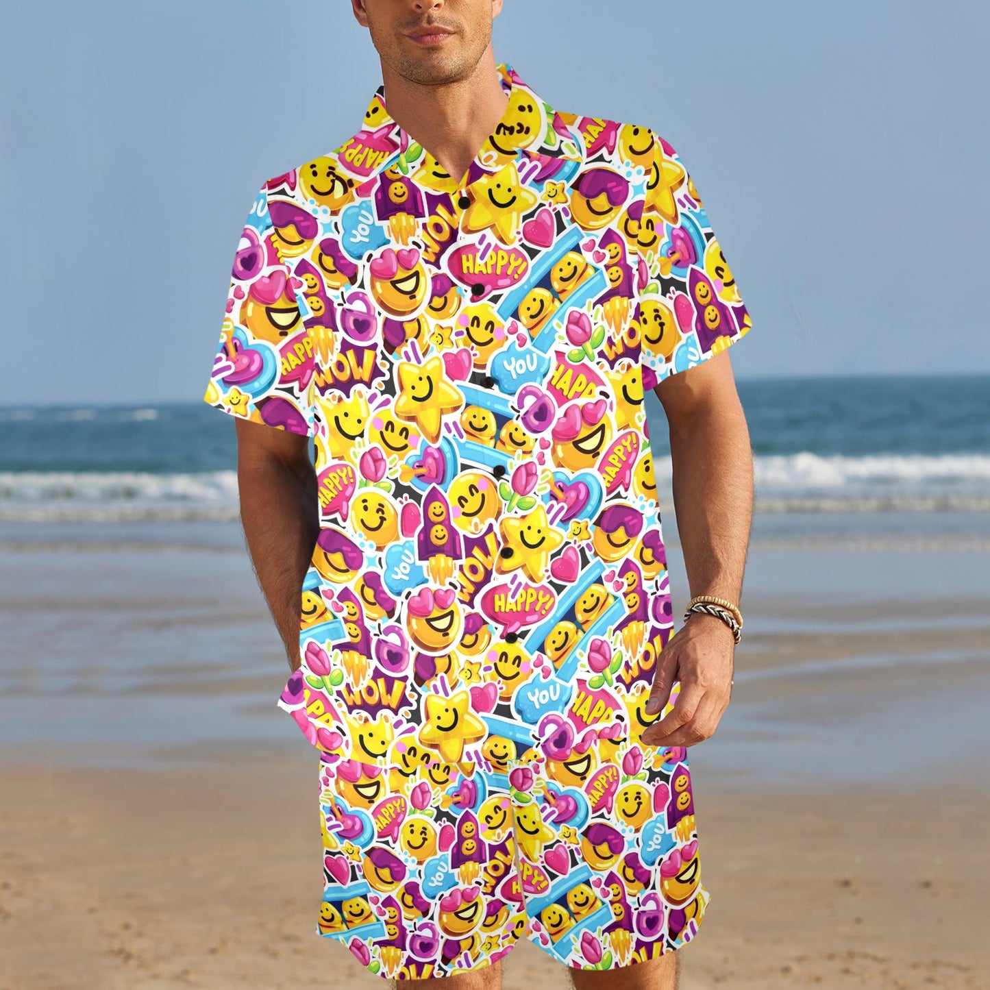 Emoji Sticker Print Pattern Men's Beach Shirt and Shorts Set
