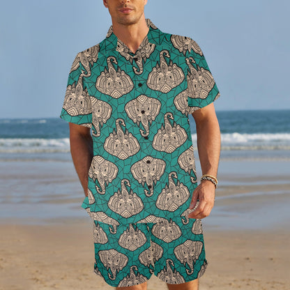 Boho Head Elephant Men's Beach Shirt and Shorts Set